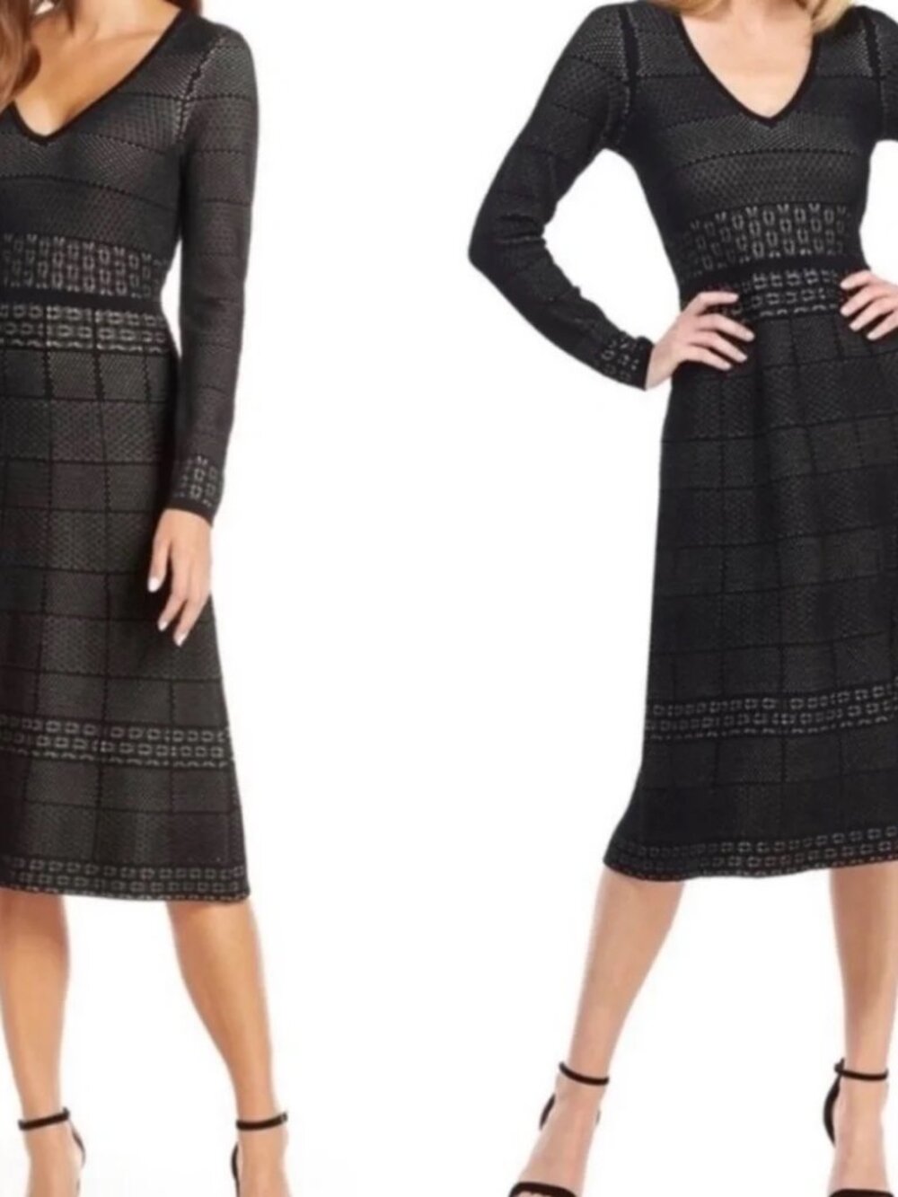 Gal Meets Glam Heidi Black Knit V-Neck Long-Sleeve Midi Dress